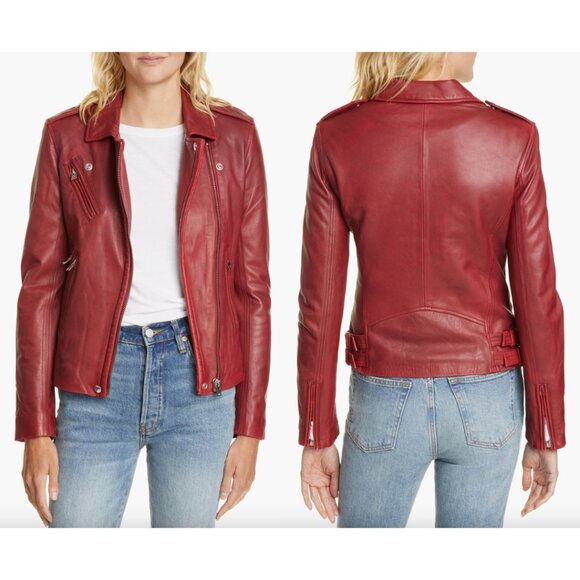 $1200 IRO Red Leather Han Slim Cropped Zip Moto Jacket size 2/IT 38 - Picture 1 of 15